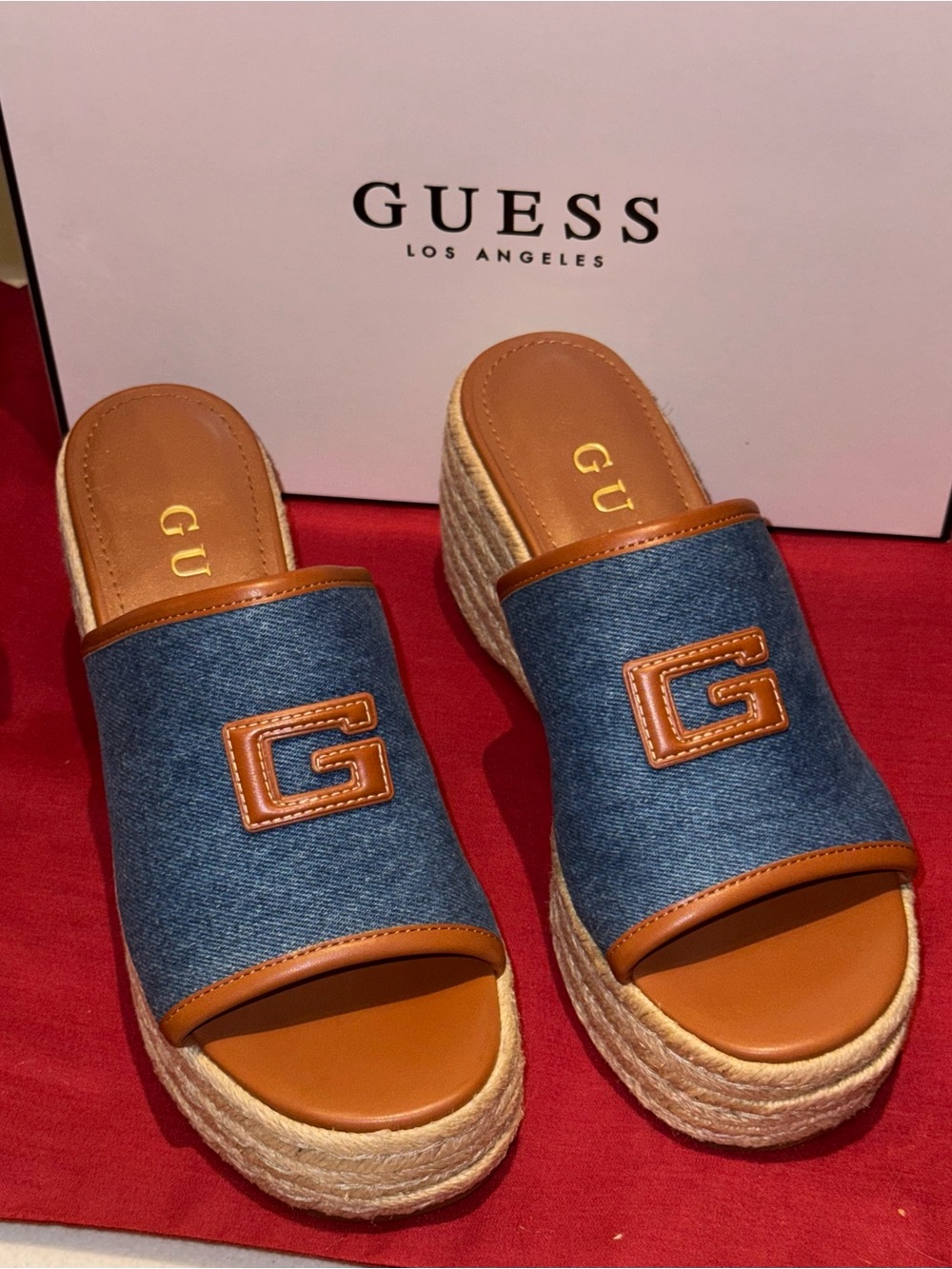 Guess Women's Zakki One Band Logo Slide Espadrille Wedge Sandals in a blue denim